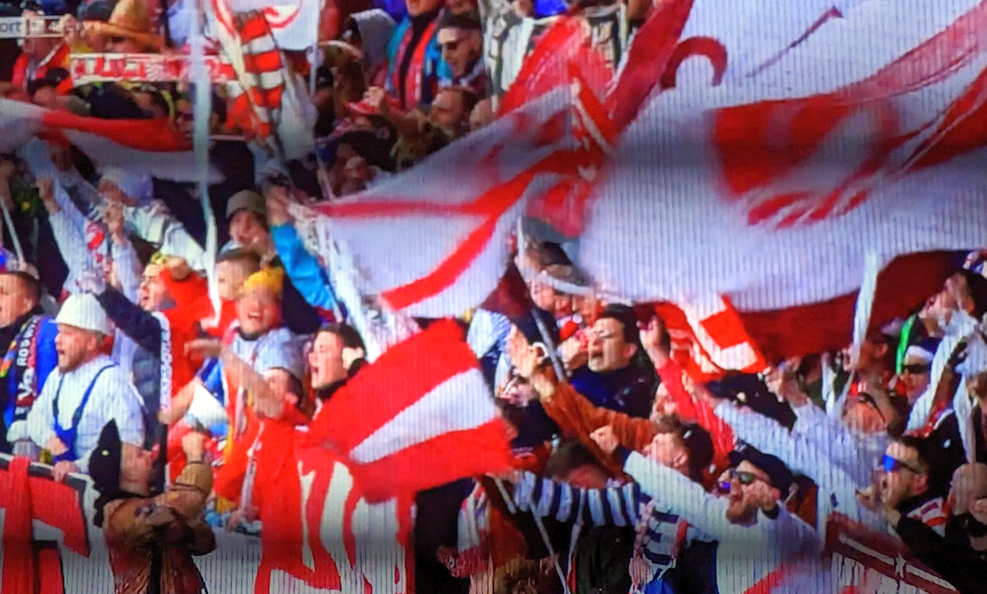 Fürth vs F95: Schön verkleidet unterstützten F95-Fans durchgehend (Screenshot: Sky)
