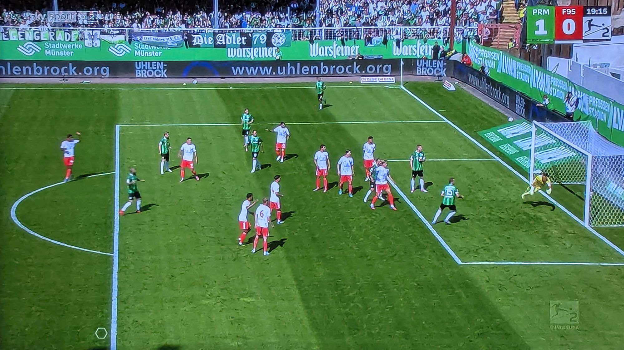 Münster vs. F95: Preußen machen das 1:0 (Screenshot Sky)